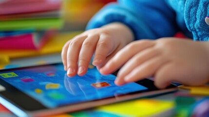 Child Engaging with Touchscreen Tablet Surrounded by Colorful Materials