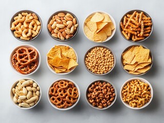 Assorted savory snacks in bowls overhead shot cashew almond tortilla pretzel peanut chickpea balanced diet