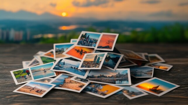 Collage of printed travel photos and polaroids arranged on a studio table with good lighting