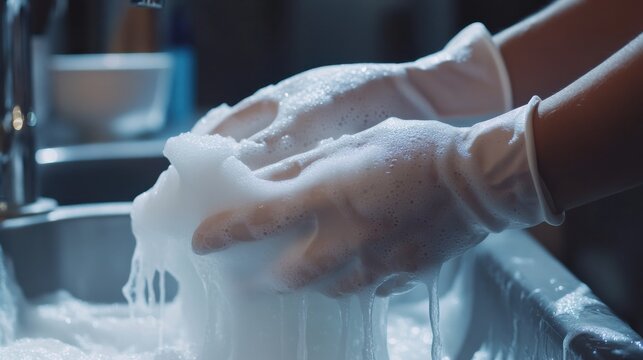 Hands with Gloves Holding Foam in Soapy Water in Kitchen Sink