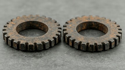 Two rusty gears on a gray surface