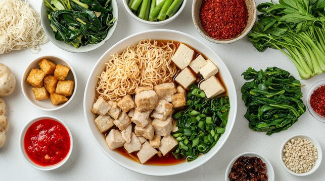 Detailed shot of Kuay Jap ingredients - noodles, tofu, pork slices - displayed on a seamless white surface. --chaos 20 --ar 16:9 --quality 2 --v 6.1 Job ID: e196bc4f-8d7a-46ee-a05d-1b539a8ce333