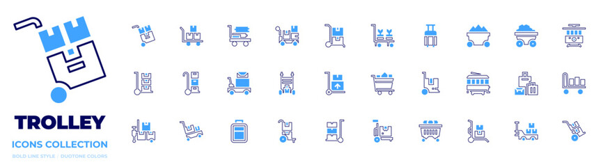 Trolley icon collection. Bold line style. Duotone colors. shopping cart, trolley car, trolley, coal, plant pot, luggage, suitcase, move, baggage