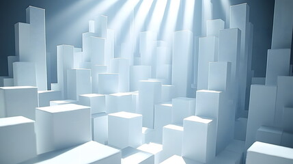 Fototapeta premium Bright white geometric shapes casting shadows in an illuminated urban landscape with beams of light above.