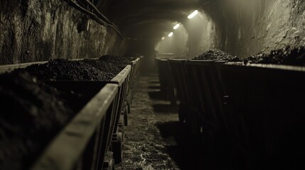 Underground Coal Mining Tunnel with Rail Mounted Carts Full of Coal