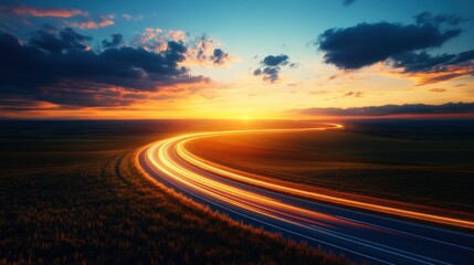 Long country road at sunset with colorful light trails and vibrant sky view in the background