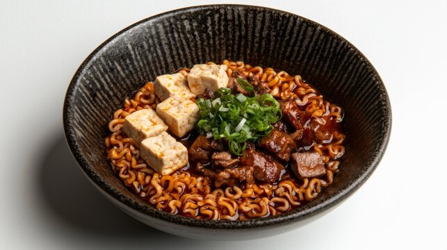 Isolated image of Kuay Jap noodles with tofu cubes and meat slices, displayed on a blank white canvas. --chaos 20 --ar 16:9 --quality 2 --v 6.1 Job ID: fc94d9c4-525a-4ea9-9c56-af1abf46d2c4