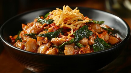 Fototapeta premium Kuay Jap with pork intestines, fragrant Thai basil, and golden fried shallots. --chaos 20 --ar 16:9 --quality 2 --v 6.1 Job ID: 79d1a1e5-bb1b-4a26-b031-756aa5cb91f1