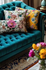 Teal couch with pillows