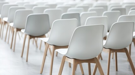 A modern arrangement of white chairs with wooden legs, creating a clean and minimalist aesthetic in a spacious environment.