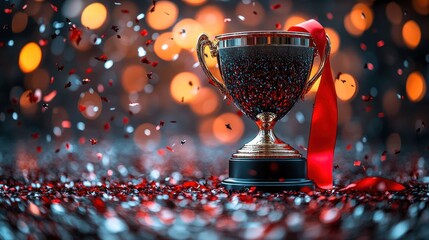 Award Trophy with Red Ribbon, Celebration, Confetti, Bokeh Background