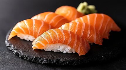 A close-up of vibrant salmon sushi arranged neatly on a dark plate, accompanied by a small mound of wasabi.