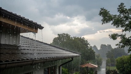 Rain Falling Off Roof and Gutter