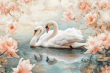 Two swans gracefully swimming on a serene lake surrounded by pink blossom flowers
