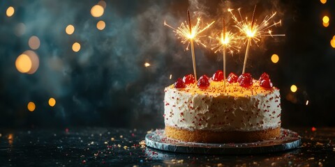 Festive birthday cake decorated with cherries and sparklers illuminated against a dark backdrop