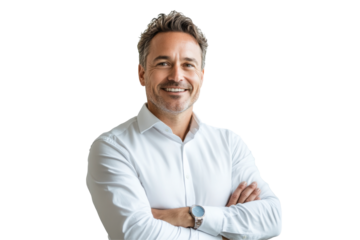 Professional businessman smiling transparent background png white environment modern viewpoint confidence concept