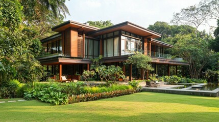 Modern Tropical House Surrounded by Lush Greenery in Daylight