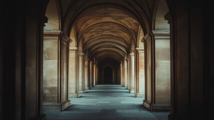 A long, narrow hallway with a lot of pillars. The pillars are brown and the hallway is empty