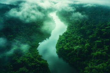 A vibrant river flows gently through a thick jungle, surrounded by lush greenery and swirling mist in the serene early morning hours. Generative AI