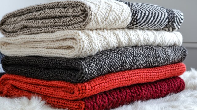 A stylish stack of neatly folded knitted blankets in various colors, ideal for cozying up in any setting.