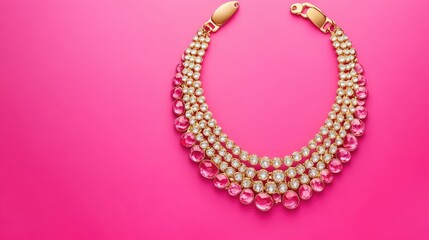 A statement gold bib necklace displayed against a vibrant magenta background