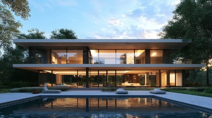 Obraz premium Modern House with Pool Surrounded by Trees Under a Clear Sky