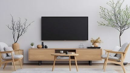 Minimalist and Sophisticated Home Interior Mockup Featuring a Sleek TV Stand with Decorative Accents in Neutral Tones Creating a Cozy and Inviting Atmosphere