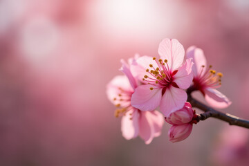 Obraz premium Pink cherry-sakura flower with delicate petals and small vein details, located on a soft bokeh background with space for copying. 