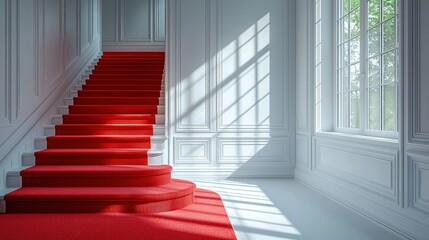 Obraz premium Red carpet staircase in a sunlit, classic hallway