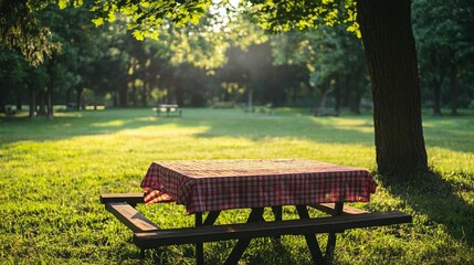Naklejka premium Peaceful Picnic Table in Sunny Park Surrounded by Lush Greenery