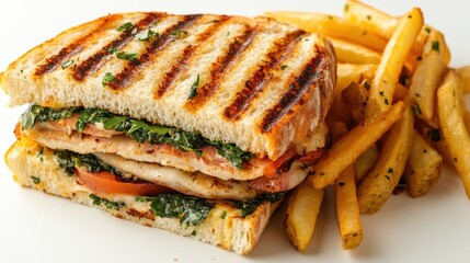 Grilled Chicken Panini with Fresh Spinach Tomato and Crispy French Fries on White Plate Close Up Delicious Meal Presentation Perfect for Food Bloggers and Culinary Enthusiasts