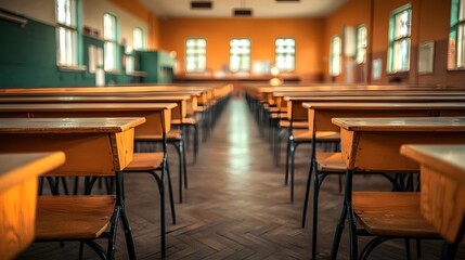 Obraz premium Nostalgic Empty Sunlit High School Classroom with Vintage Wooden Desks and Chairs Soft Shadows on the Floor Academic Atmosphere Back to School Concept
