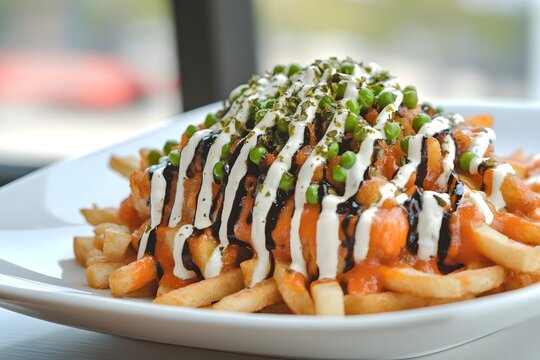 Appetizing Classic British Fish and Chips with Creamy Tartar Sauce and Fresh Green Peas Served on a Plate - Powered by Adobe