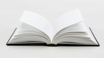 Open blank book with white pages on white background