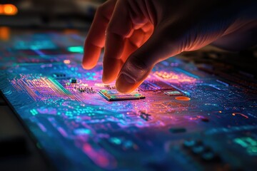 Naklejka premium A hand gently places a microchip onto a vibrant, illuminated circuit board, showcasing advanced technology.