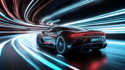 Fototapeta premium Powerful supercar accelerating on a glowing neon lit futuristic roadway its metallic body reflecting the electric energy trails surrounding it showcasing a captivating and sci fi aesthetic