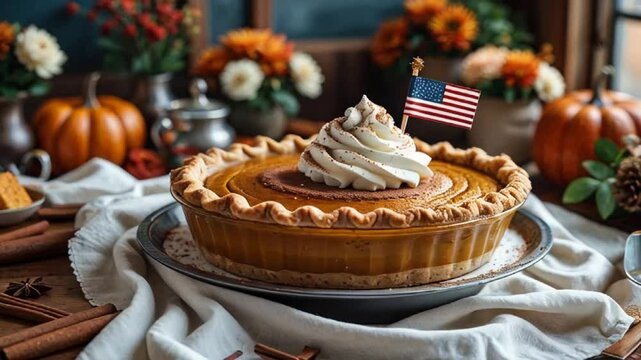 delicious pumpkin pie, American flag on the table
