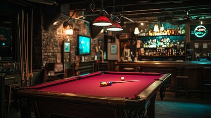 Cozy Bar Atmosphere with Pool Table and Warm Lighting Decor