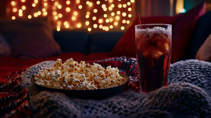 Cozy movie night with popcorn and soda drink on a blanket fun joy red film home food warm cold dark relax tasty
