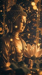 Obraz premium Golden buddha in serene ambiance with ethereal glowing particles
