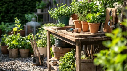Cozy Garden Workspace with Potted Plants and Gardening Tools