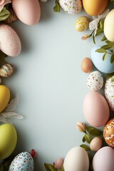 Easter Egg Arrangement with Floral Designs on Light Blue Background