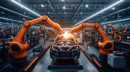 Fototapeta premium Robotic arms welding and assembling vehicle frames in a high speed fully automated car manufacturing factory Industrial automation and cutting edge technology powering efficient