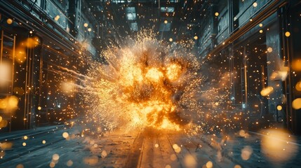 Fototapeta premium Dynamic Explosion with Sparkles in Industrial Setting