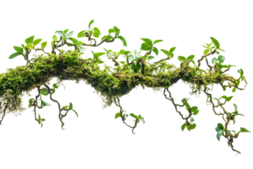 Nature scene mossy branch with leaves on transparent background png isolated white environment lush green concept