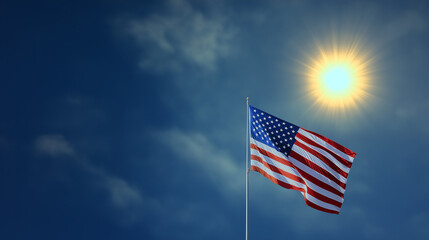 Fototapeta premium USA flag with copy space and sun shining in sky background.