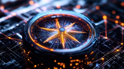 Digital compass on circuit board with blue background and glowing lines and particles for technology concept