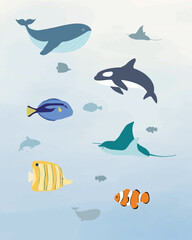 Cute simple fish set collection vector illustration for poster, design, graphic element, illustration, children book