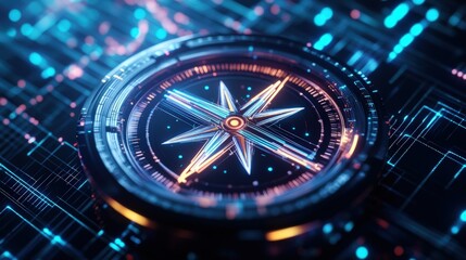 Digital compass on circuit board with glowing lines and particles in high fidelity image