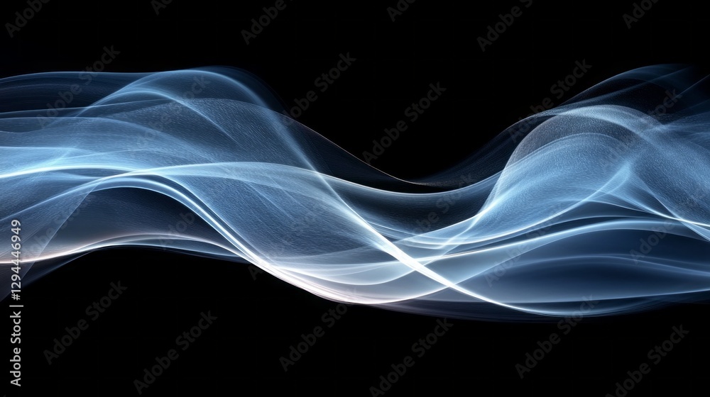 Poster ethereal light waves glide gracefully across a dark background, intertwining and flowing in a harmon